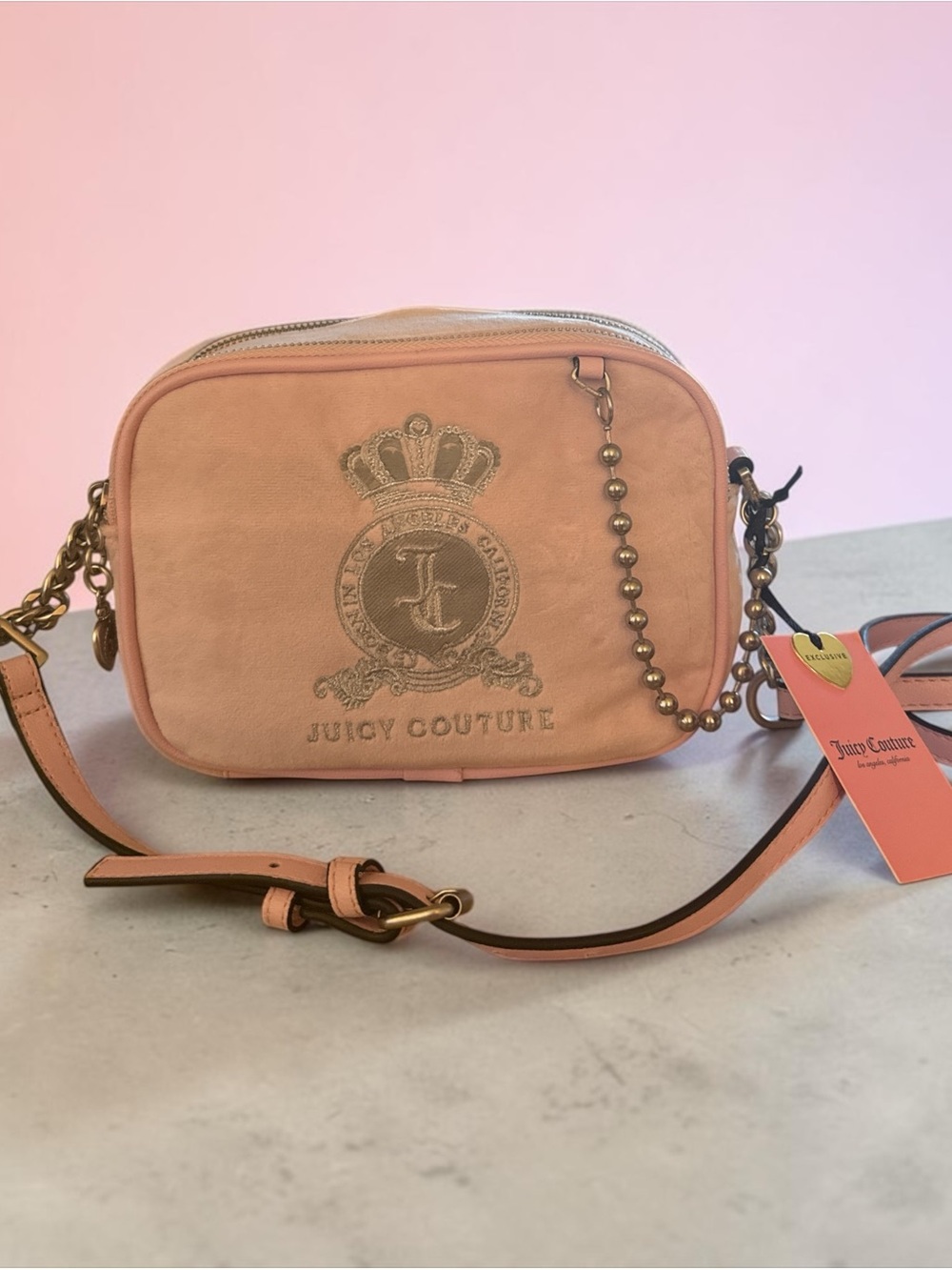 Juicy Couture Blush Pink Velour Crossbody Camera Bag | Crown Crest | Y2K | NWOT